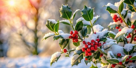 Frosty American Holly Bush Under Snowy Blanket