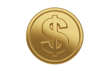 A vibrant 3D golden dollar coin, featuring a prominent dollar sign, shines brightly against a plain transparent background, symbolizing finance and wealth. background removed