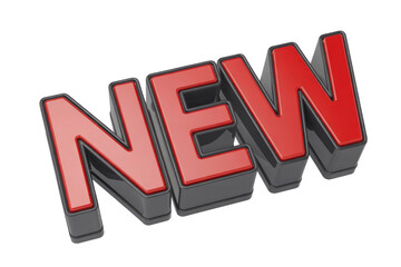 A 3D rendering of the word 'NEW' in bold, red, and dark grey letters with a glossy finish, highlighting freshness and newness. background removed