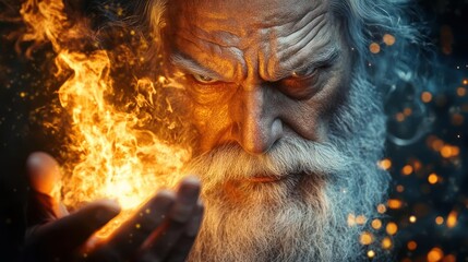 Ancient Bearded Man With Snow On His Face Conjuring Fire From His Hand With Intense Stare In Dramatic Lighting And Dark Background