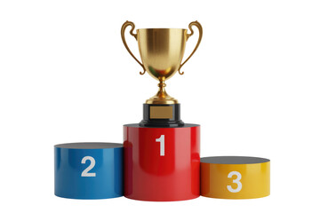 A gleaming golden trophy sits proudly on the first-place red podium, flanked by second and third-place platforms in blue and yellow. background removed