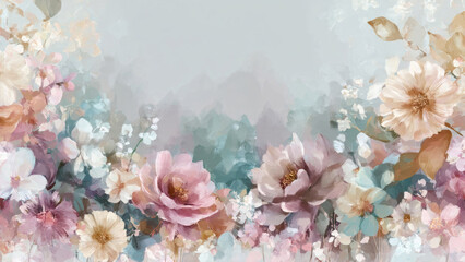 A serene watercolor painting showcasing delicate pastel flowers and blossoms. Soft artistic brushstrokes create an elegant, dreamy, floral composition with muted hues.