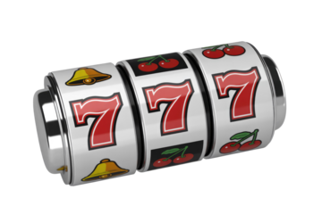 A 3D rendering of three shiny slot machine reels showing a winning '777' combination, indicating a jackpot or big win. background removed