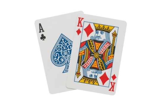 Two playing cards, an Ace of Spades and a King of Diamonds, are fanned out against a dark transparent background, ready for a game. background removed