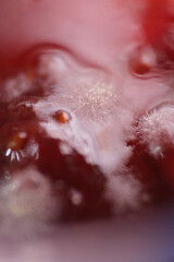 Yellow spore and cold appear in homemade strawberry jam in glass jar