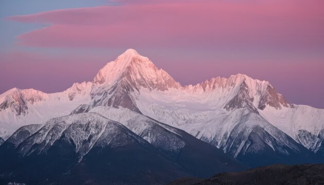 Majestic snow-capped mountains at dawn with colorful sky