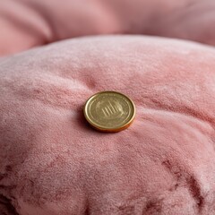Gold coin presses into plush pastel coral velvet cushion ripples. Convey financial safety and comfort using plush coral velvet textures.