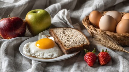 Rustic breakfast arrangement with fruits and eggs on textured linen fabric