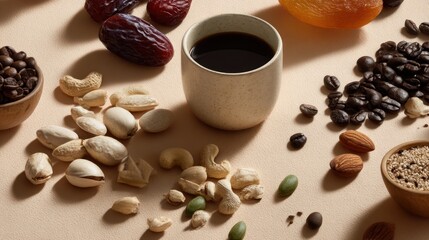 Aromatic coffee break composition with dates, nuts and coffee grains