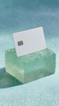 Minimalist white credit card encased in frosted sea-foam green resin. Visualize financial security with a minimalist credit card encased in resin.