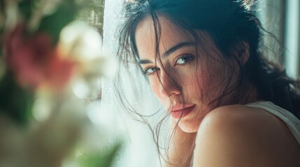 Intense gaze: A woman's captivating portrait with blurred floral accents