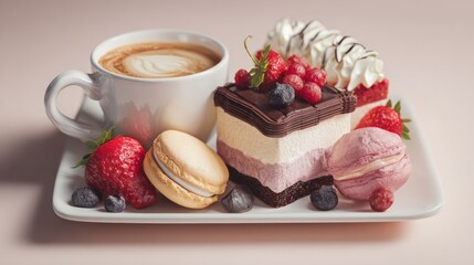 Delicious dessert platter with coffee, cake, macarons and fresh berries