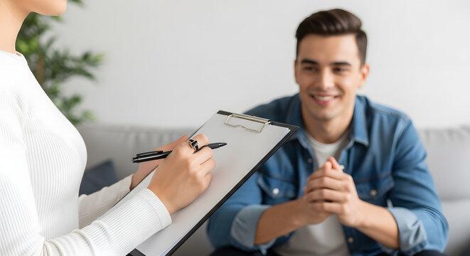 Smiling man shares feelings during therapy session, as counselor attentively takes notes offering support and understanding in a calm setting
