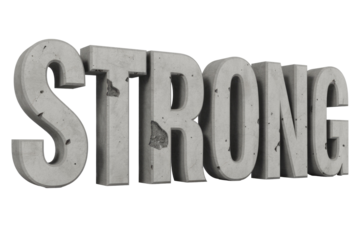 The word 'STRONG' rendered in textured, weathered 3D concrete letters, featuring cracks and imperfections, conveying resilience and durability. background removed