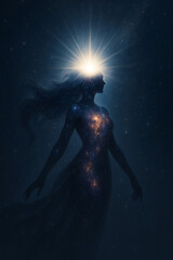 Obraz premium Mystical woman radiating light embodying inner peace and spiritual awakening celestial aura.