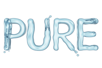 The word 'PURE' rendered in clear, glistening water letters with subtle splashes and droplets, conveying freshness and clarity. background removed