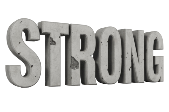The word 'STRONG' rendered in textured, weathered 3D concrete letters, featuring cracks and imperfections, conveying resilience and durability. background removed