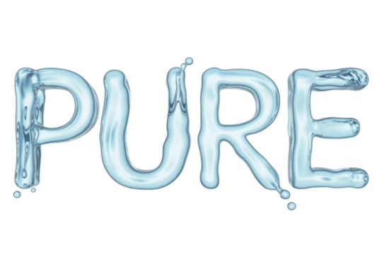 The word 'PURE' rendered in clear, glistening water letters with subtle splashes and droplets, conveying freshness and clarity. background removed