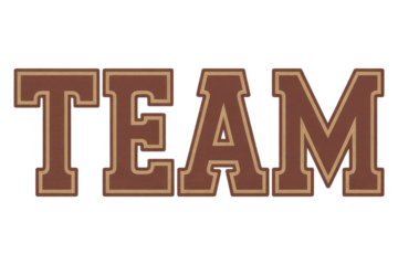 The word 'TEAM' in bold, textured brown block letters with a beige outline and dotted inner border on a dark transparent background. background removed