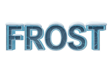 3D text 'FROST' with cracked ice texture and snowcaps, creating a cool and icy winter theme for seasonal designs. background removed