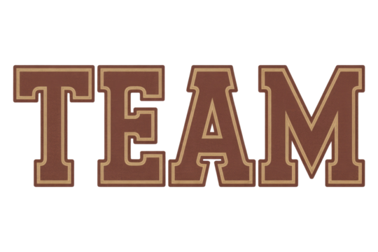 The word 'TEAM' in bold, textured brown block letters with a beige outline and dotted inner border on a dark transparent background. background removed