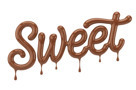 The word 'Sweet' rendered in a luscious, dripping chocolate texture, featuring glossy brown melted drops. Ideal for delicious candy and dessert-themed projects. background removed