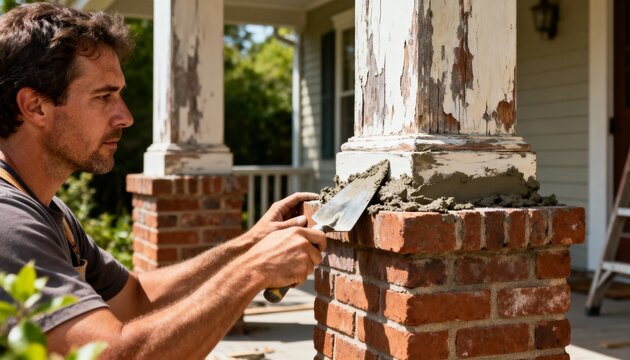 Closeup medium shot of a craftsman repairing brick porch pillars applying mortar to restore the support structure with precision and care.