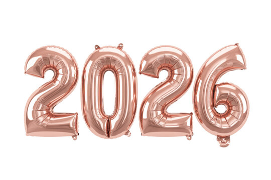 Rose gold metallic foil balloons forming the number 2026, isolated on a solid transparent background, perfect for new year or celebration designs. background removed