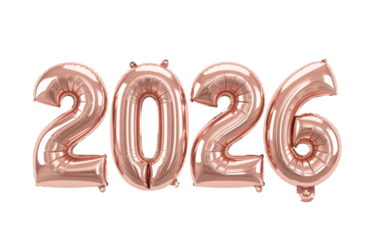 Rose gold metallic foil balloons forming the number 2026, isolated on a solid transparent background, perfect for new year or celebration designs. background removed
