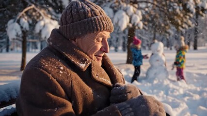 Elderly man in winter coat and hat smiles while children build a snowman in the background. - Powered by Adobe