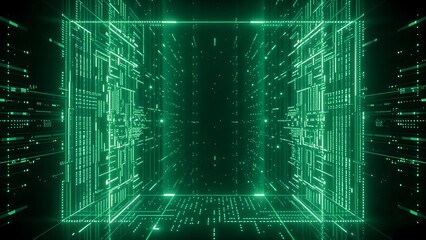 digital room portal tunnel gateway space with neon matrix data stream network