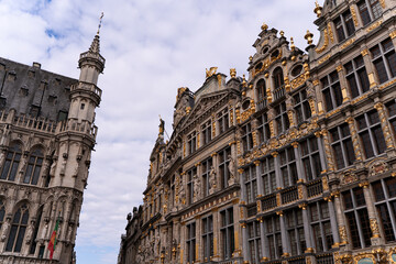 Daytime view of the historic Grand Place square surrounded by ornate guildhalls under a cloudy sky