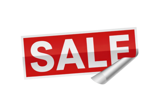 A vibrant red 'SALE' sticker with bold white text, featuring a peeled corner, ideal for promotions and discounts. background removed