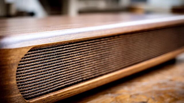 Medium shot of a stained wooden radio cover with a rich walnut finish emphasizing the smooth texture and natural wood grain contours.