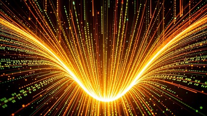 digital neon gold beam in V shape wing with fiber optic line particle, sci-fi mystique and energy