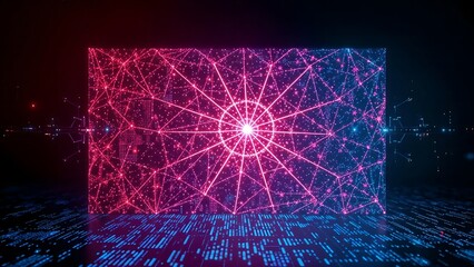 digital virtual stage screen panel display with neon web network matrix grid line on reflective shiny landscape