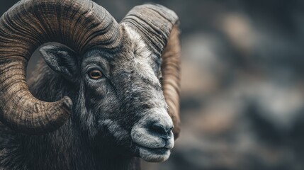 Majestic ram portrait with incredible horns in natural light setting