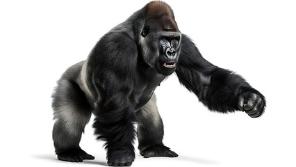 A powerful gorilla stands tall, extending its arm, showcasing its strength.
