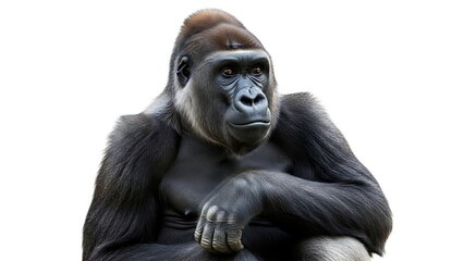 Obraz premium A silverback gorilla gazes off to the side with a thoughtful expression, isolated against a white background.