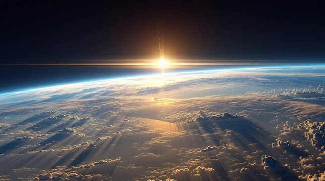 Aerial view of sunrise over earth with clouds and atmosphere from space
