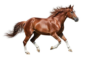 Fototapeta premium A chestnut horse with white socks is running against a white background.