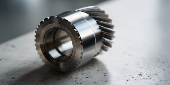 Close-up of a finely detailed mechanical gear showcasing precision engineering in a sleek metallic design on a light background
