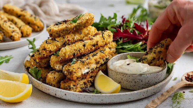 Medium shot of golden plantbased fish sticks stacked on a ceramic plate accompanied by a tangy dipping sauce and vibrant salad greens