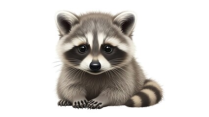 Obraz premium A cute baby raccoon with distinctive markings sits looking directly at the viewer on a white background.