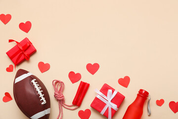 Composition with sports equipment, red paper hearts and gifts for Valentine's Day celebration on color background