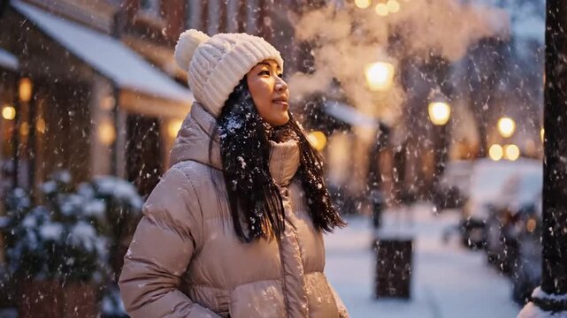 Woman in winter clothes enjoying the snow in a city street.