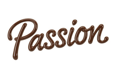 The word 'Passion' is beautifully rendered in a shiny, rich chocolate or caramel syrup texture, evoking warmth and indulgence on a transparent background. background removed