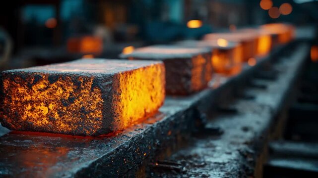 Medium shot of heated copper billets glowing orange on a conveyor belt ready for extrusion in an industrial foundry.