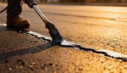 Medium shot focused on dry weather asphalt crack filling highlighting clean surface preparation and precise application for effective gap sealing
