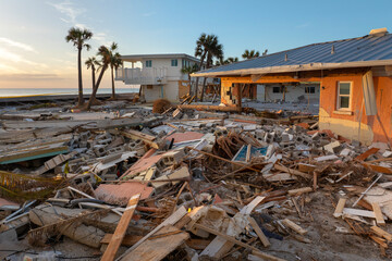 Destroyed house on ocean shore. Hurricane Milton consequences on Manasota Key, Florida. Storm surge...